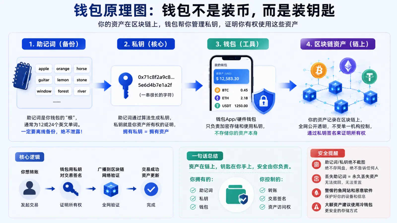 加密钱包原理图，展示助记词、私钥、钱包App和区块链资产之间的关系，帮助新手理解钱包不是装币而是管理私钥。