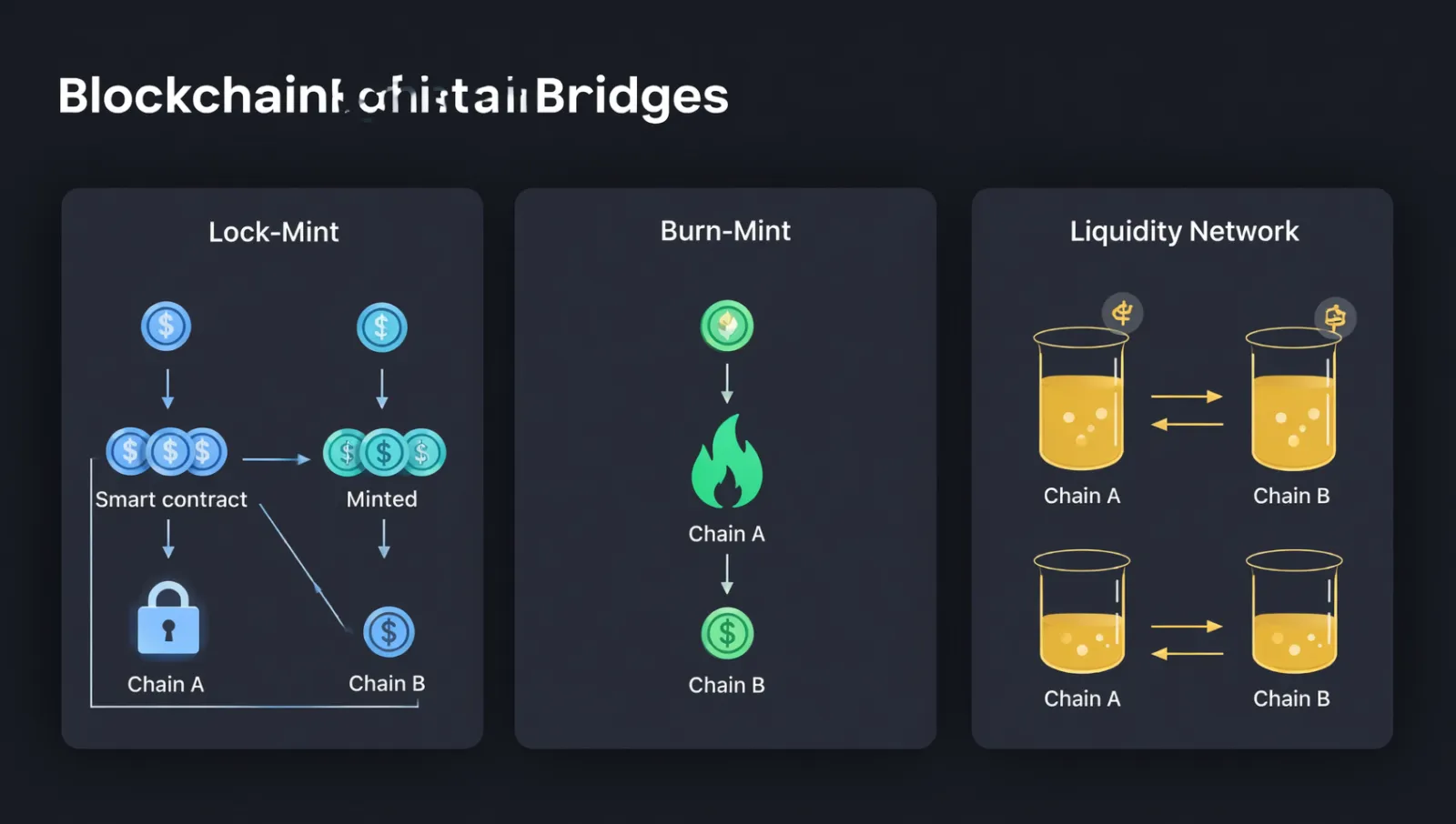 三种跨链桥工作原理对比图 — Lock-Mint（锁定-铸造）、Burn-Mint（销毁-铸造）、流动性网络三种模式的技术架构对比
