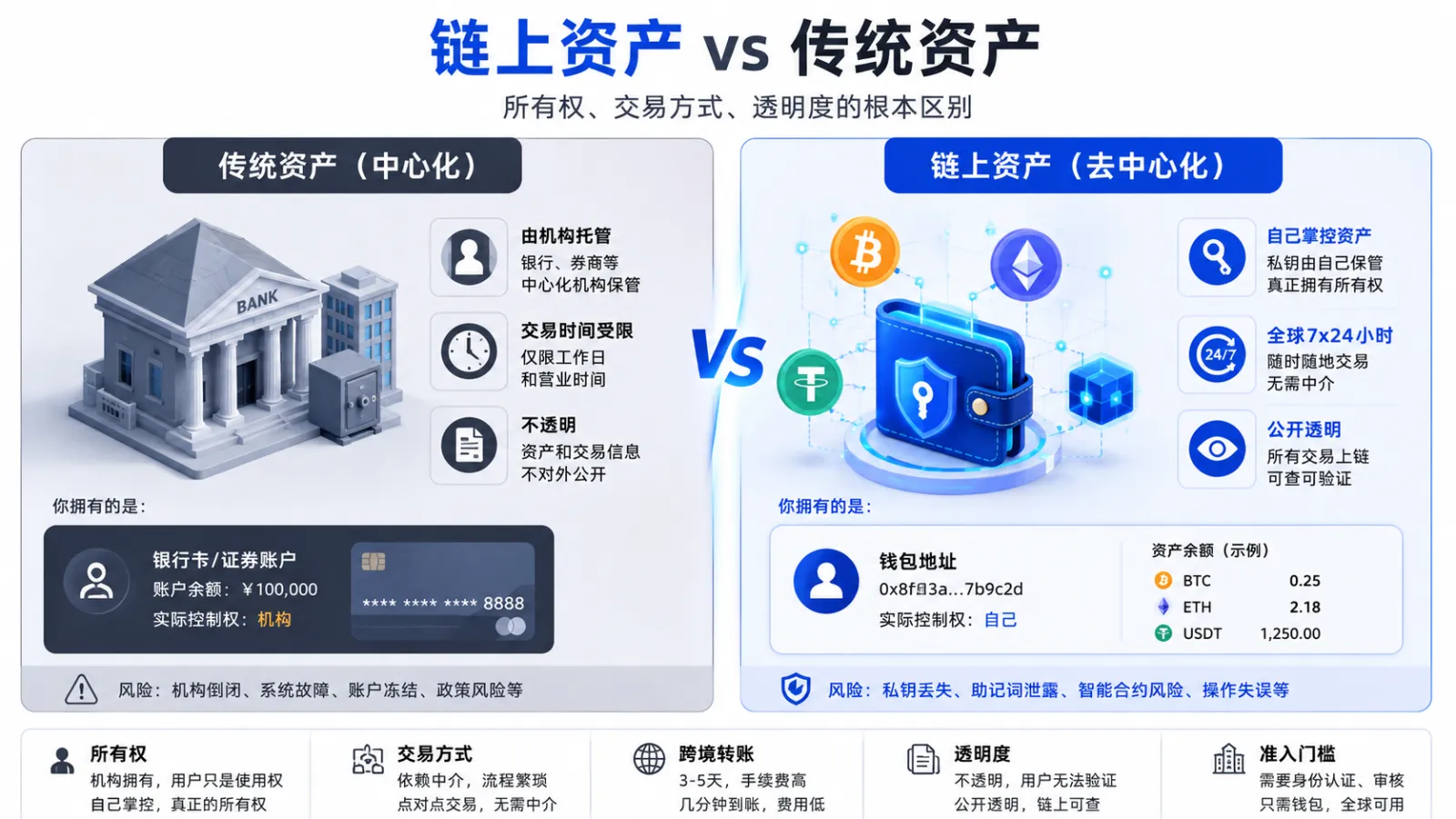 链上资产与传统资产对比图，说明银行券商托管资产和钱包自主管理资产在所有权、交易时间、透明度和跨境转账上的区别。