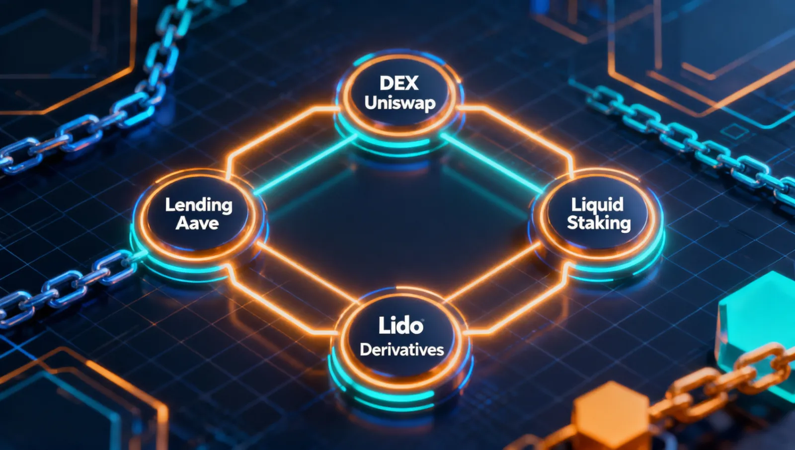 DeFi四大核心赛道架构图:展示借贷(Aave/Compound)、DEX(Uniswap/Curve)、流动性质押(Lido/Rocket Pool)、衍生品(dYdX/GMX)四个板块,使用互连节点风格的扁平化设计,深蓝底色,白色节点连接线,暗色科技风格,英文标注无中文文字