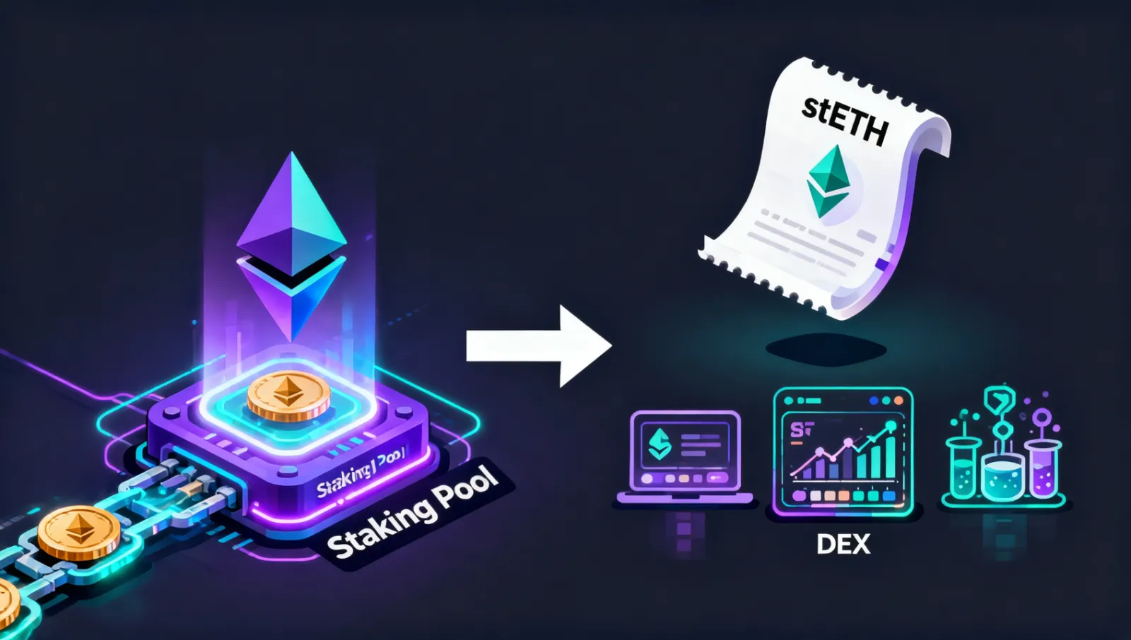 流动性质押示意图:左侧ETH存入Lido或Rocket Pool等质押池,右侧获得stETH/rETH收据代币,可在Aave、Curve等DeFi协议中继续使用,实现一鱼多吃