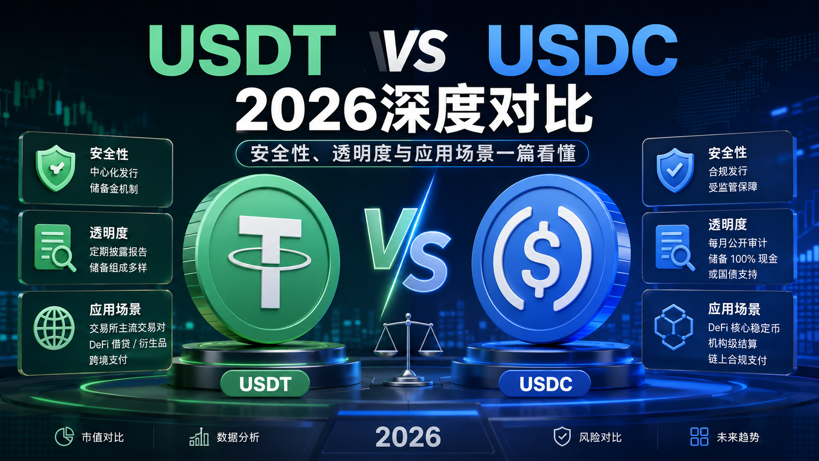 USDT vs USDC 2026深度对比：安全性、透明度与应用场景一篇看懂