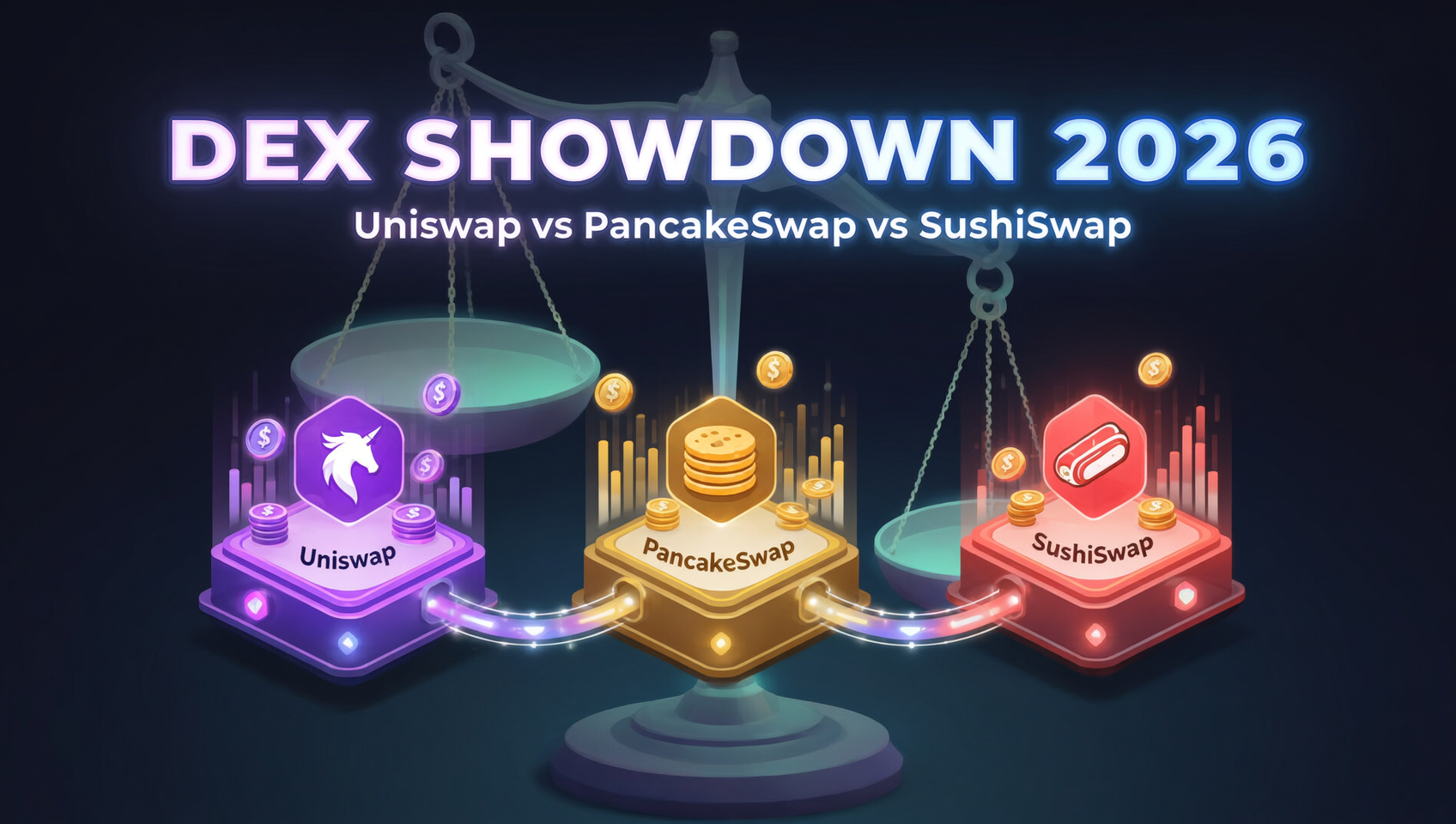 Uniswap vs PancakeSwap vs SushiSwap：2026三大DEX对比，你该用哪个？（附费率实算与决策表）