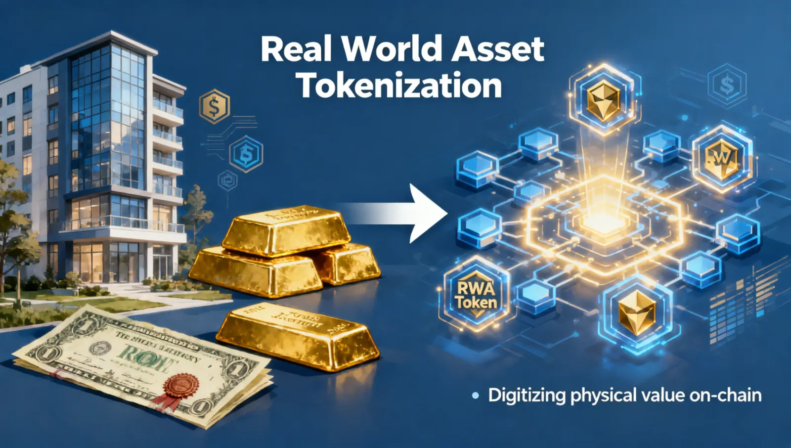现实世界资产代币化RWA概念图，实体资产上链示意
