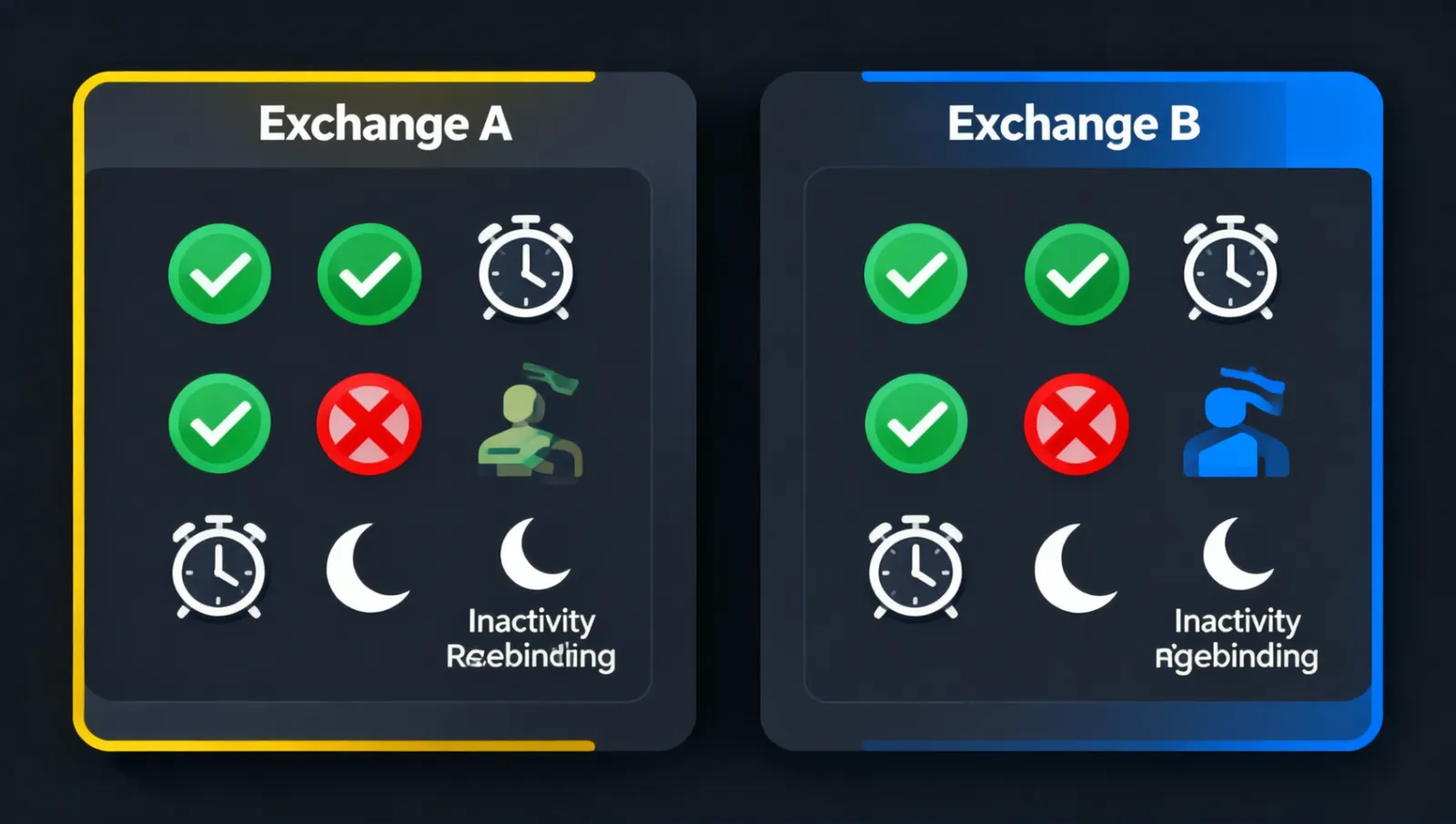 Side-by-side comparison table of Binance rebind-add rules versus OKX recall-rebind rules for existing users