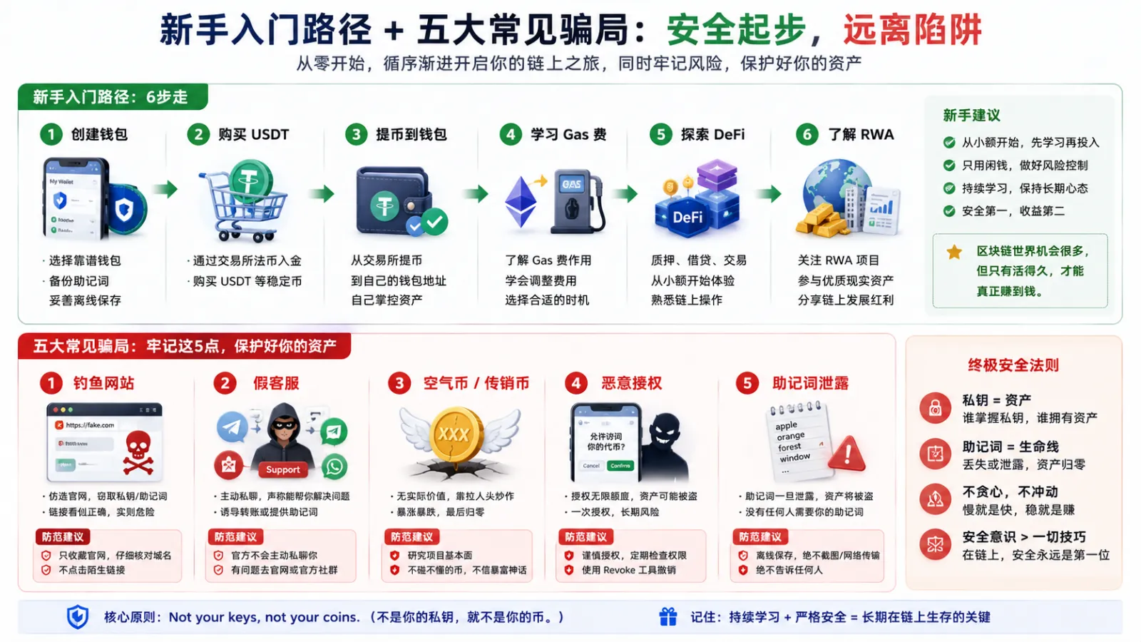 链上资产新手入门路径与常见骗局图，展示创建钱包、购买USDT、提币、学习Gas费、探索DeFi和RWA的流程，并提醒钓鱼网站、假客服、空气币、恶意授权和助记词泄露等风险。