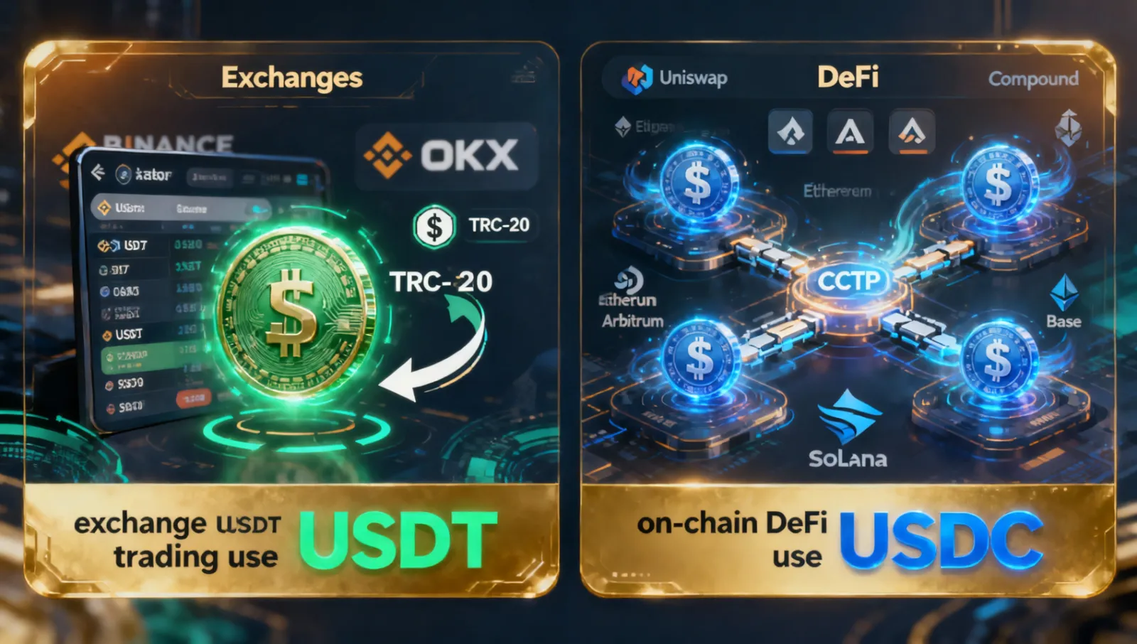 USDT vs USDC 使用场景选择指南——交易所交易用USDT,链上DeFi用USDC