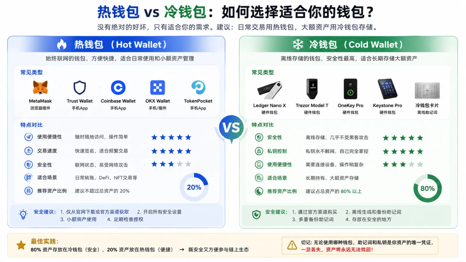 热钱包与冷钱包对比图，说明MetaMask、Trust Wallet等热钱包和Ledger、Trezor、OneKey等冷钱包在安全性、便利性和适合资产规模上的区别。