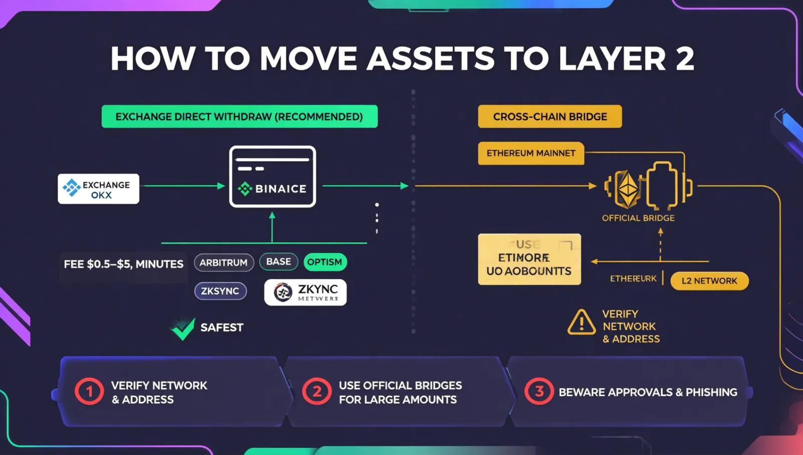 Layer 2跨链实操信息图：交易所直提vs跨链桥两条路径对比、L2提币网络选择、跨链安全提示，深色科技风