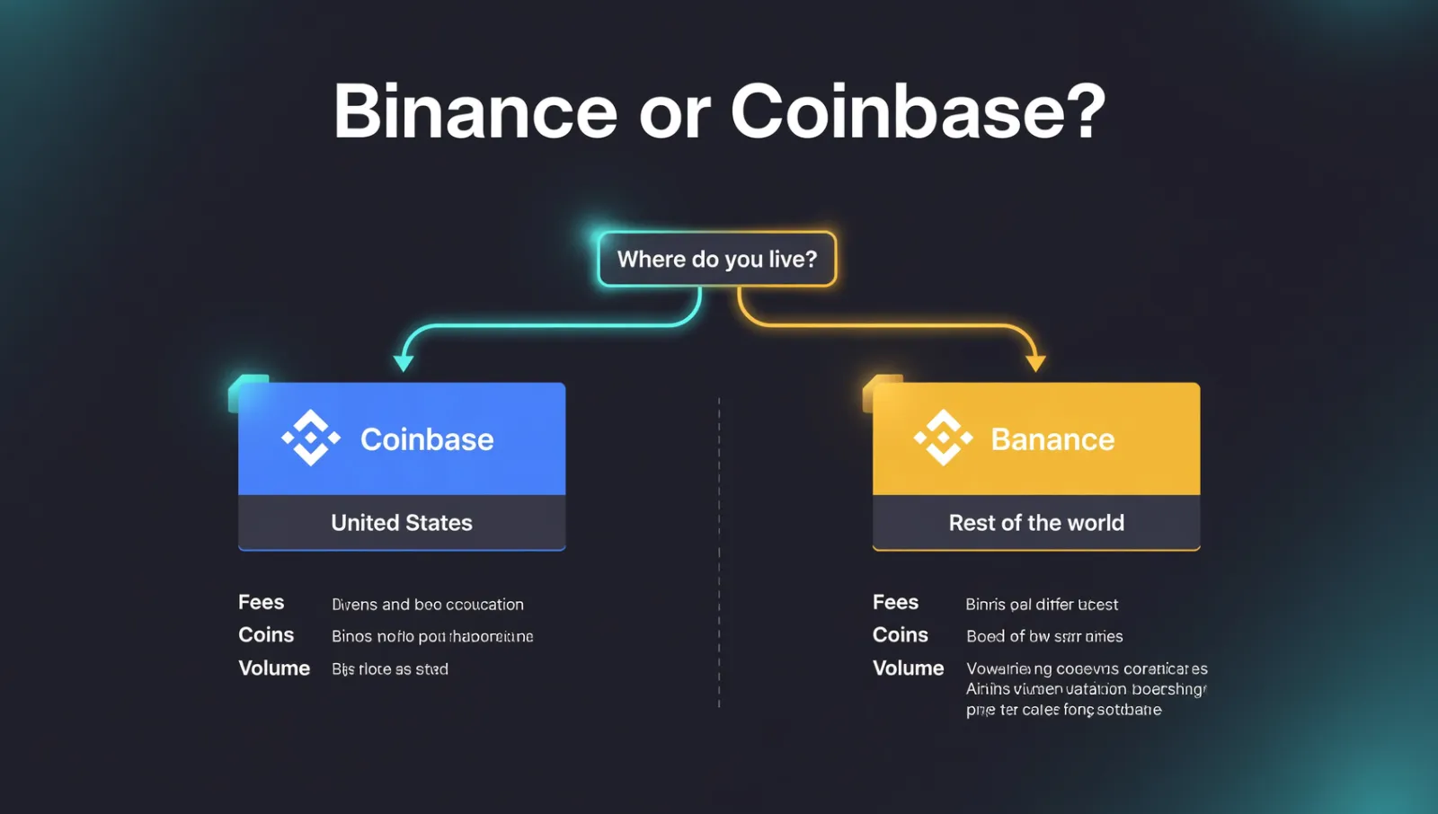 币安 vs Coinbase 决策流程概念图:先按所在地区选择,再按交易需求选择,深色科技风信息图表