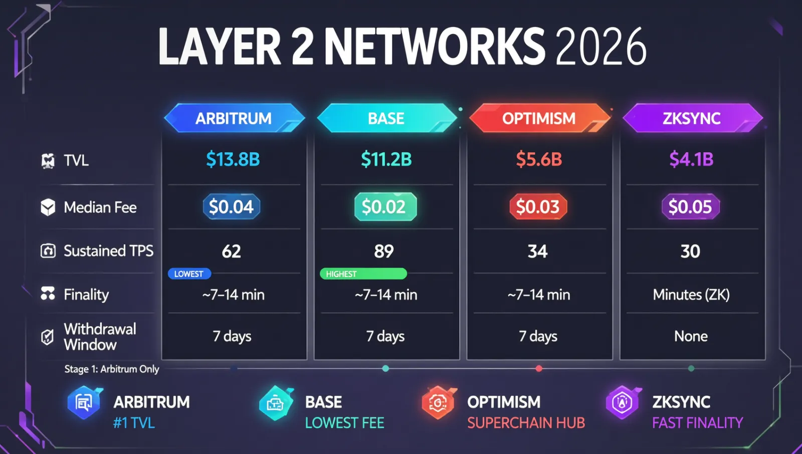 以太坊Layer 2对比信息图：Arbitrum、Base、Optimism、zkSync四大网络TVL约13.8B/11.2B/5.6B/4.1B、中位费$0.02-0.05、持续TPS与最终性对比，深色科技风