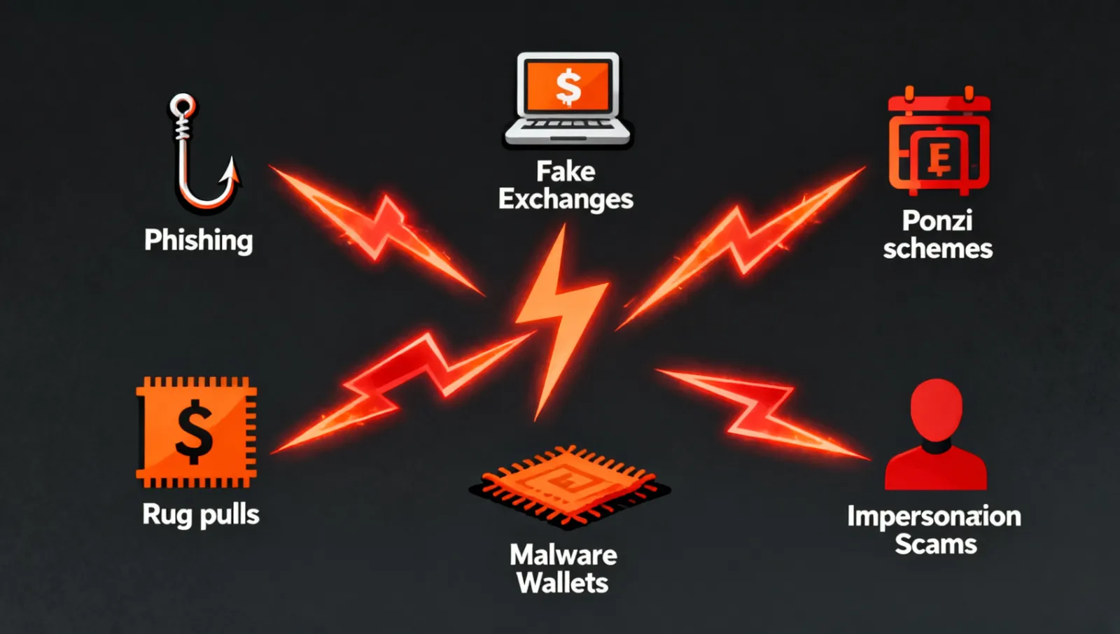不同类型加密骗局的关系图,包括Rug Pull、钓鱼攻击、杀猪盘、SIM Swap等,用警示线连接